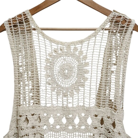 Crochet Vest Womens OS Beige Crochet Lace Hem Sleeveless Open Front Boho Hippie - Picture 4 of 9